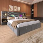 Lit combin - aapaas - 160x200 cm - velours gris - 2 tables de chevet - 4 tiroirs intgrs