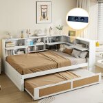 Lit combin� - langtu - 140x200 avec gigogne - blanc - prises de charge int�gr�es - rangements int�gr�s ...