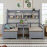 Lit combine canap - lit bois massif 90x200 cm - 2 en 1 bureau + rangement coussins modulables - gris ...