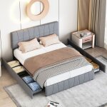 Lit complet - lit double 160x200 cm - lit de rangement gris avec 4 compartiments - tissu velours roulettes ...
