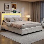 Lit en cuir synthétique blanc 160x200 cm avec led rangement à gaz prise usb base à lattes Lit en cuir synthétique blanc 160x200 cm avec led rangement à gaz prise usb base à lattes