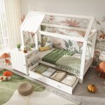 Lit denfant 90x200 cm en bois massif avec tiroirs et table de nuit amovible - lit au sol en blanc sans ... Lit denfant 90x200 cm en bois massif avec tiroirs et table de nuit amovible - lit au sol en blanc sans ...