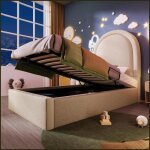 Lit denfant moelleux motif cosmique pu beige 90x190 cm - rangement hydraulique - pour gar�ons / filles ...