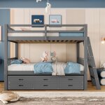 Lit superpos� enfant 90x200 cm avec lit gigogne extensible 3 tiroirs pin / mdf gris