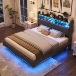 Lit design suspendu 160x200 cm lit de rangement multifonctionnel avec �clairage led interface usb et ...