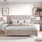 Lit rembourr� - pergar - 140x200 cm - beige - avec tiroirs - style scandinave moderne