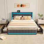 Lit coffre - 140x200 cm - t�te de lit led - 4 tiroirs - ports usb int�gr�s - gris