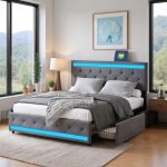 Lit double 140 x 190 lit adulte 140x190 avec 4 tiroirs avec port usb et led cadre de lit avec tete de ...