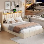 Lit coffre 140 x 200 cm en velours beige lit capitonn avec clairage led et charge usb lit avec tte ...