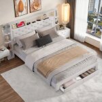 Lit double 140 x 200 cm avec espace de rangement t�te de lit led et usb lit coffre avec 2 tiroirs sommier ...