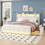 Lit double 140 x 200 cm en lin avec clairage led et prises usblit adulte 2 personnes avec tiroirs & ...