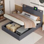 Lit coffre double 140x200 cm - eifson - t�te de lit avec rangement - ports usb - m�tal et lin - gris