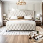 Lit double 140 x 200 cm avec sommier � lattes et espace de rangement lit coffre avec rembourrage � boutons ...