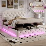 Lit double coffre - pergar - 140 x 200 cm - led r�glable - t�te de lit ajustable - lin blanc cass�