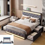 Lit double 140x190 cm avec �clairage led et usb lit adulte avec 4 tiroirs cadre de lit 2 personnes sommier ...