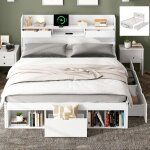 Lit double 140x190 cm lit enfant - port usb - tiroir de rangement - blanc