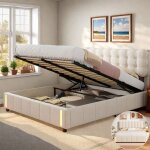 Lit double 140x190 cm avec led lit coffre avec espace de rangement lit rembourr� avec sommier � lattes ...