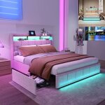 Lit double 140x190 cm - leww - led - usb et type - c - tissu en lin - cadre de lit 140x190 cm - 2 personnes ...