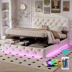 Lit double 140x190 cm - luminarix - coffre avec �clairage led - tissu lin beige - 2 places - design contempora ...