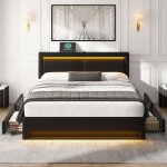 Lit double 140x190 cm en similicuir avec led - 4 tiroirs - avec ports de recharge (filaire & sans fil) ...