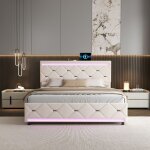 Lit double 140x190 cm avec 4 tiroirs en velours beige �clairage led usb et sommier inclus - design moderne ...