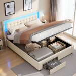 Lit double 140x190 - hydraulique - led rgb - coffre & tiroirs - velours blanc cass�