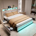 Lit double 140x190 avec tiroirs led rgb et ports usb / type lit adulte tissu beige design techno moderne ...
