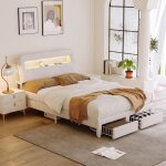 Lit double 140x200 blanc cass sommier  lattes led ports usb rangement intgr 2 tiroirs  roulettes ...