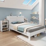 Lit double 140x200 bois blanc - sommier lattes + tte de lit rangement - 2 tables chevet gigognes - adulte ...