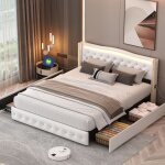Lit double 140x200 cm lit 2 personnes avec led et 4 tiroirs sommier à lattes en bois beige lit rembourre ... Lit double 140x200 cm lit 2 personnes avec led et 4 tiroirs sommier à lattes en bois beige lit rembourre ...