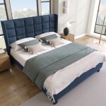 Lit double 140x200 cm - cadre en lin bleu - t�te de lit rembourr�e - sommier � lattes inclus - design ...