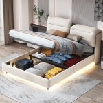 Lit double 140x200 cm lit coffre relevable led avec tte de lit rglable et sommier  lattes en bois ...
