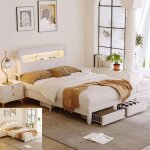 Lit double 140x200 cm avec eclairage led et usb cadre de lit rembourr avec 2 tiroirs et sommier  lattes ...