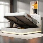 Lit 140x200 cm avec sommier  lattes - lit coffre avec led - cadre de lit adulte - tissu en pu - blanc ...