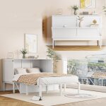 Lit escamotable 140x200 cm en bois pour adolescent avec lattes pour petits espaces - blanc Lit escamotable 140x200 cm en bois pour adolescent avec lattes pour petits espaces - blanc