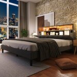 Lit double 140x200 cm lit rembourr� t�te de lit avec �clairage led cadre de lit sommier � lattes en bois ...