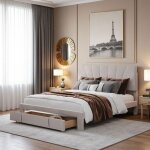 Lit coffre avec tiroirs - 140x200 - velours beige - tiroirs spacieux cach�s - sommier inclus