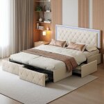 Lit double 140x200 - tiroirs int�gr�s - �clairage led rgb - t�te de lit simili cuir - moderne blanc cass� ...