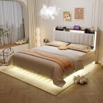 Lit double 140x200 avec sommier led et usb - tete de r�glable - rembourr� avec � lattes - beige