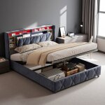 Lit double 140x200 - mcanisme pneumatique silencieux - tte de lit velours gris - led / usb - rangement ...