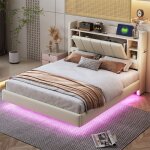 Lit double 140x200 avec sommier et rangement lit adulte pour 2 personnes avec bande led et prise usb ...
