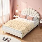 Lit double 140x200 - t�te de lit p�tale velours cr�me - structure bois - pieds dor�s