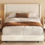 Lit double 140x200cm avec cadre � lattes et t�te de lit tissu gris beige style scandinave design minimaliste ...