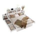 Lit double 140x200cm - tête de lit - tables de chevet coulissantes - rangement intégré - charge sans ... Lit double 140x200cm - tête de lit - tables de chevet coulissantes - rangement intégré - charge sans ...