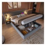 Lit double 160 � 200 cm avec 2 tables de chevet lit coffre avec usb et lampe de lecture t�te de lit rembourr� ...