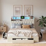 Lit double 160 x 200 lit adulte 160x200 avec tiroirs avec port usb et led cadre de lit rangement t�te ...