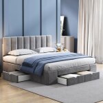 Lit double 160 x 200 cm lit adulte lit rembourr� en velours avec 4 tiroirs et sommier � lattes - gris ...