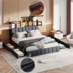 Lit double 160 x 200 cm avec led et usb lit adulte avec 4 tiroirs tte de lit de rangement sommier  ...