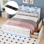 Lit double 160 x 200 cm en lin avec clairage led et prises usblit adulte 2 personnes avec tiroirs & ...