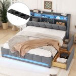 Lit double 160 x 200 cm lit rembourr avec clairage led tiroir prise et usb sommier  lattes lin - gris ...